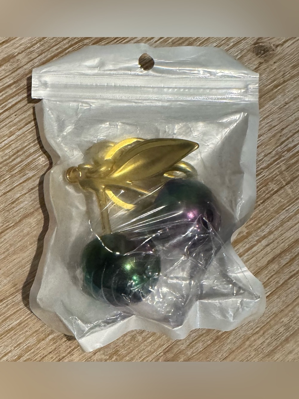 Iridescent Green-Purple Cherry Gold-Tone Keychain or Bag Charm - Picture 3 of 3